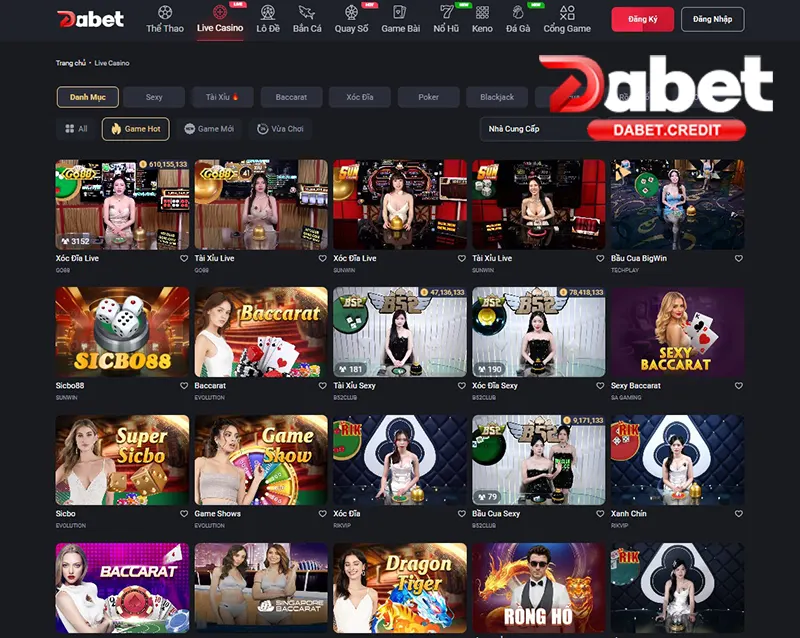 Sảnh live casino DABET với những trò chơi phổ biến như xóc đĩa, tài xỉu, baccarat
